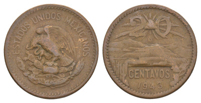 Мексика 20 сентаво 1943 KM 439 бронза 4656-1153