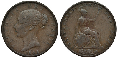 Великобритания 1/2 пенни 1843 Виктория (1837-1901) KM 726, Spink 3949 медь 106-752