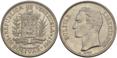 Венесуэла 1 боливар 1967 Симон Боливар KM 42 никель 31-527