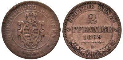 Саксония 2 пфеннига 1869 В, Иоганн (1854-1873) KM 1217, Jaeger 121, AKS 155 медь 75-169