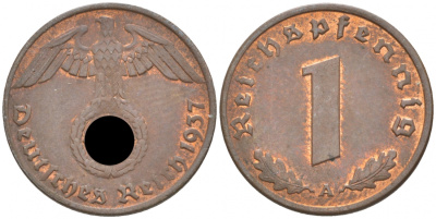 ГЕРМАНИЯ 1 РЕЙХСПФЕННИГ 1937 A J 361, KM 89 бронза aUNC 73-228