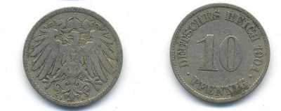 ГЕРМАНИЯ 10 ПФЕННИГОВ 1901 A KM 12, J. 13 медно-никель 58-237