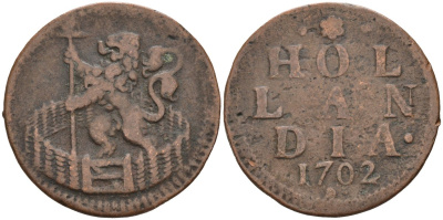 Голландия (Holland), Нидерланды 1 дуит 1702 KM 80 медь 4575-1256