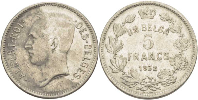 БЕЛЬГИЯ 5 ФРАНКОВ 1932 АЛЬБЕРТ I, DES BELGES KM 97.1 никель 3851-223