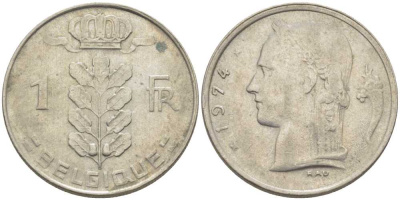 Бельгия 1 франк 1974 Belgique, Бодуэн I (1951-1993) KM 142.1 медно-никель 119-526