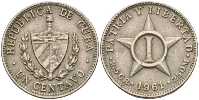 Куба 1 сентаво 1961 звезда, первая Республика (1902-1961) KM 9.2 медно-никель 4588-849