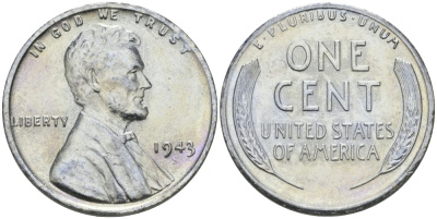 США 1 цент 1943 S (Сан-Франциско), Авраам Линкольн KM 132 a сталь плакированная цинком 96-1155
