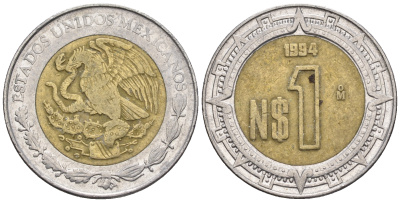 Мексика 1 песо 1994 KM 550 биметалл 87-722