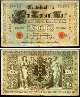 Германия 1000 марок 1910 21 апреля 1910, красная печать, номер семизначный, серия G, буква M, выпуск АПРЕЛЬ - ИЮЛЬ 1918 Pick 44 b бумага 8618-9-1-2