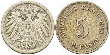 ГЕРМАНИЯ 5 ПФЕННИГОВ 1906 A KM 11, J. 12, Weege 6 медно-никель 206-943