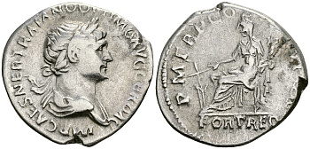 Римская Империя денарий 114 - 117 Траян PM TR P COS VI PP SPQR FORT RED Фортуна, персонификация Удачи Рим Very fine RIC 318 серебро 1073-4-44