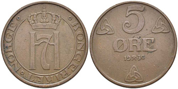 НОРВЕГИЯ 5 ЭРЕ 1936 ХОКОН VII (1905-1957) KM 368 бронза 111-646