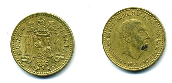 Испания 1 песета 1966 (74) Франсиско Франко (1939-1975) KM 796 алюминиевая бронза 54-256