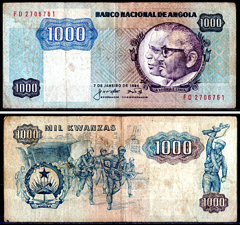 Ангола 1000 кванз 1984 Pick 121 a бумага 6300-13-3-1