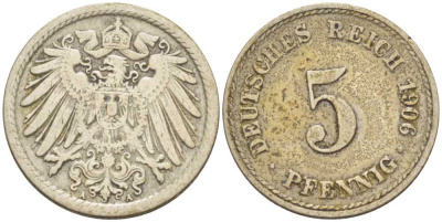 ГЕРМАНИЯ 5 ПФЕННИГОВ 1906 A KM 11, J. 12, Weege 6 медно-никель 206-943