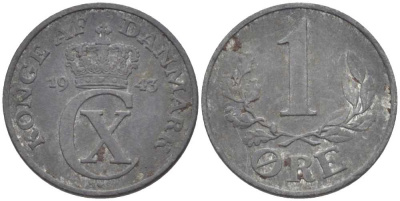 ДАНИЯ 1 ЭРЕ 1943 N; S, КРИСТИАН X (1912-1947) KM 832 цинк 4387-117