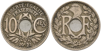 Франция 10 сантимов 1921 тип Линдайё KM 866a, Le Franc 138.3 медно-никель 4143-911