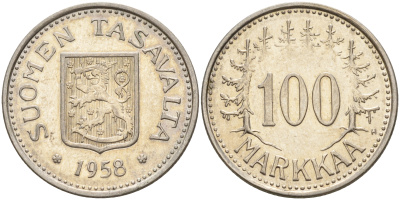 Финляндия 100 марок 1958 H KM 41 серебро    4155-152