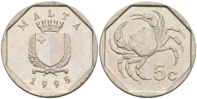 Мальта 5 центов 1993 краб KM 95 медно-никель 4588-124