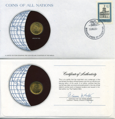 Аргентина 50 сентаво 1974 конверт с маркой первого дня гашения, Coins of Nations KM 68 алюминиевая бронза UNC 4294-13-2