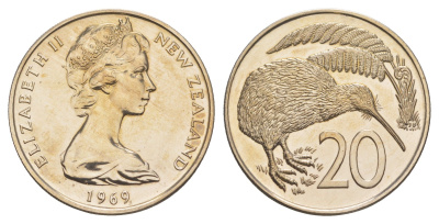 Новая Зеландия 20 центов 1969 Елизавета II (1952-2022), птичка киви, тираж 50.000 экземпляров KM 36 медно-никель BU 4112-435