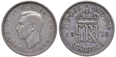 Великобритания 6 пенсов 1939 Георг VI (1936-1952) KM 852, Spink 4084 серебро 4124-736