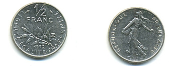 Франция 1/2 франка 1972 сеятель KM 931.1, LE FRANC 198.11 никель 80-912