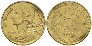 ФРАНЦИЯ 5 САНТИМОВ 1970 ТИП MARIANNE KM 933 медь алюминий никель 3309-1039