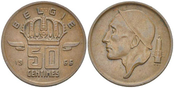 БЕЛЬГИЯ 50 САНТИМОВ 1966 BELGIE, БОДУЭН I (1951-1993) KM 149.1 бронза 214-169