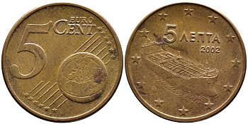 ГРЕЦИЯ 5 ЕВРОЦЕНТОВ 2002 KM 183 сталь плакированная медью 4390-1141