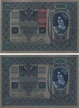 АВСТРИЯ 1000 КРОН 1919 КРАСНАЯ ВЕРТИКАЛЬНАЯ НАДПЕЧАТКА НА 1902 Pick 59 бумага XF 2192-89-1