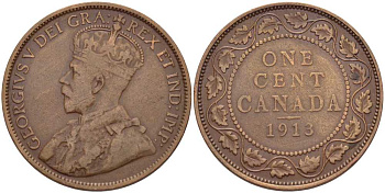 Канада 1 цент 1913 Георг V (1910-1936), большой формат KM 21 бронза 117-925
