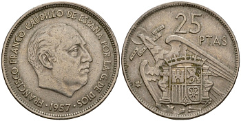 Испания 25 песет 1957 (69) KM 787 медно-никель 92-856