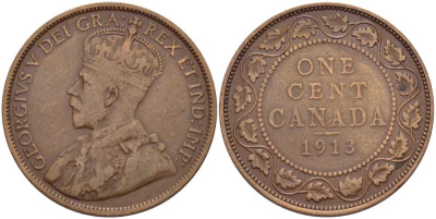 Канада 1 цент 1913 Георг V (1910-1936), большой формат KM 21 бронза 117-925