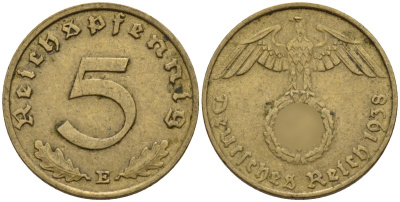 Германия 5 рейхспфеннигов 1938 E KM 91, J. 363 алюминиевая бронза 4151-851