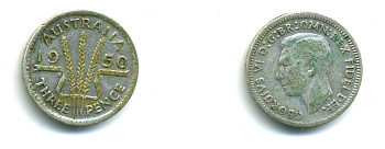 Австралия 3 пенса 1950 m, Георг VI (1937-1952), без букв KM 44 серебро 46-633