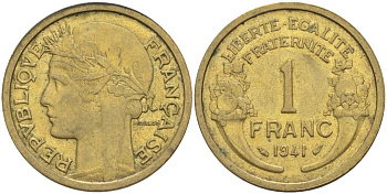 ФРАНЦИЯ 1 ФРАНК 1941 ТИП MORLON KM 885, LE FRANC 219.12 алюминиевая бронза 3853-231