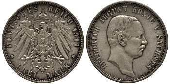 Саксония 3 марки 1911 E, Фридрих Август III (1904-1918) Weege 132, J. 135, KM 1267 серебро 3711-1342