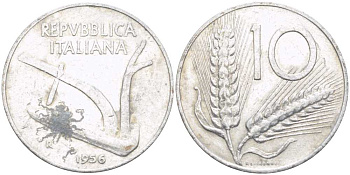 ИТАЛИЯ 10 ЛИР 1956 R, ПЛУГ, КОЛОСЬЯ KM 93 алюминий 175-357