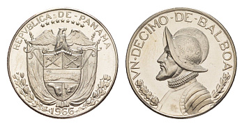 Панама 1/10 бальбоа (10 сентесимо) 1966 тираж 13.000 экземпляров KM 10 медь плакированная медно-никелем PROOF 1524-1231