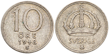 Швеция 10 эре 1948 TS, Густав V (1907-1950) KM 813 серебро 4147-854
