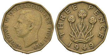 Великобритания 3 пенса 1949 Георг VI (1936-1952), редкий год KM 873, Spink 4113 никель латунь 4163-715