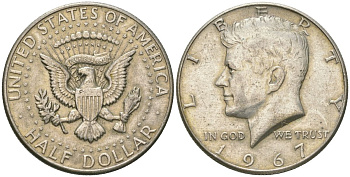 США 1/2 доллара (50 центов) 1967 Джон Кеннеди KM 202a серебро 221-1023