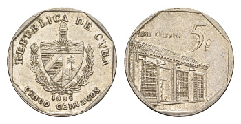 Куба 5 сентаво 1996 Casa Colonial KM 575.2, Schoen 713, JMA MC19 сталь плакированная никелем 4644-714