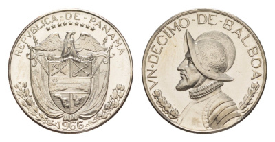 Панама 1/10 бальбоа (10 сентесимо) 1966 тираж 13.000 экземпляров KM 10 медь плакированная медно-никелем PROOF 1524-1231