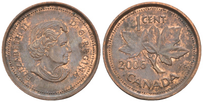 Канада 1 цент 2006 KG, Елизавета II (1952-2022), кленовый лист KM 490 цинк плакированный медью 4609-415