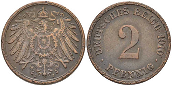ГЕРМАНИЯ 2 ПФЕННИГА 1910 J KM 16, J. 11 медь 175-245