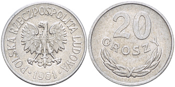 Польша 20 грошей 1961 MW KM А47, Parchimowicz 208b алюминий 216-926