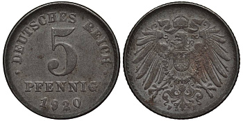 ГЕРМАНИЯ 5 ПФЕННИГОВ 1920 F KM 19, Jager 297, Weege 5 железо 4547-624