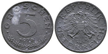 АВСТРИЯ 5 ГРОШЕЙ 1975 KM 2875 цинк 57-1144